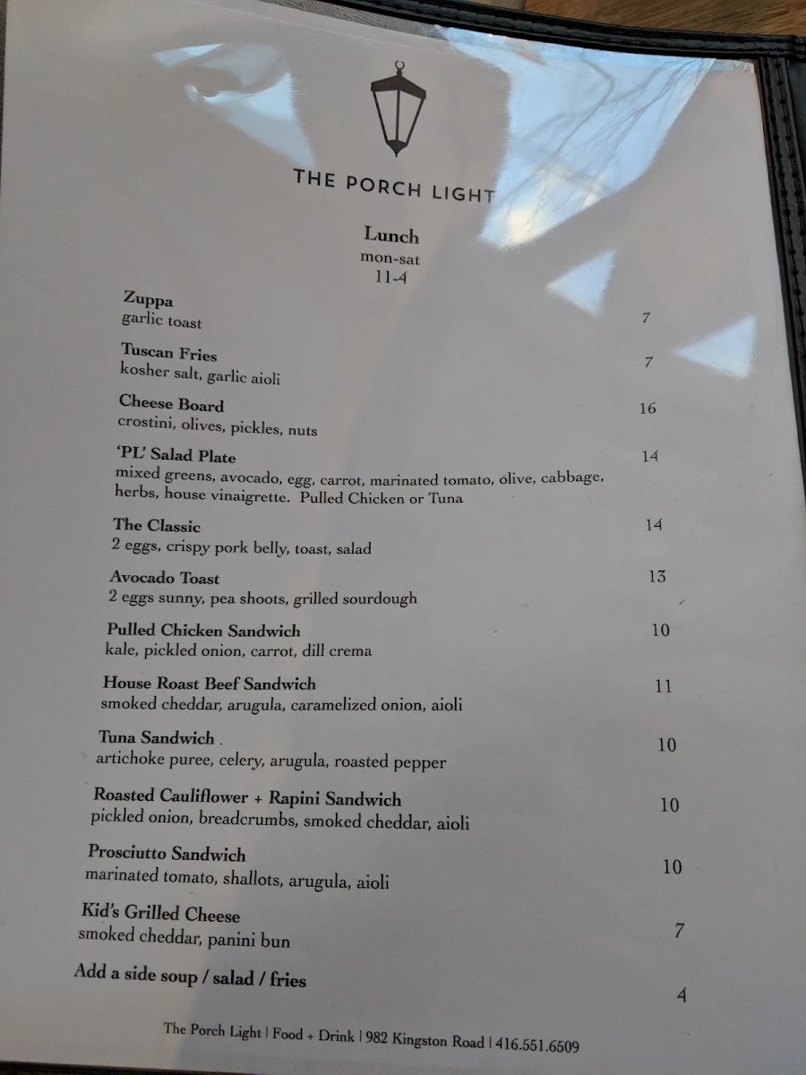 Menu, The Porch Light