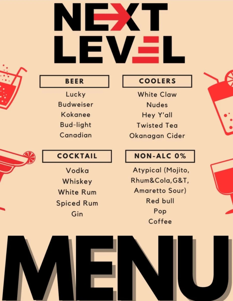 Menu, The Next Level Night Club.