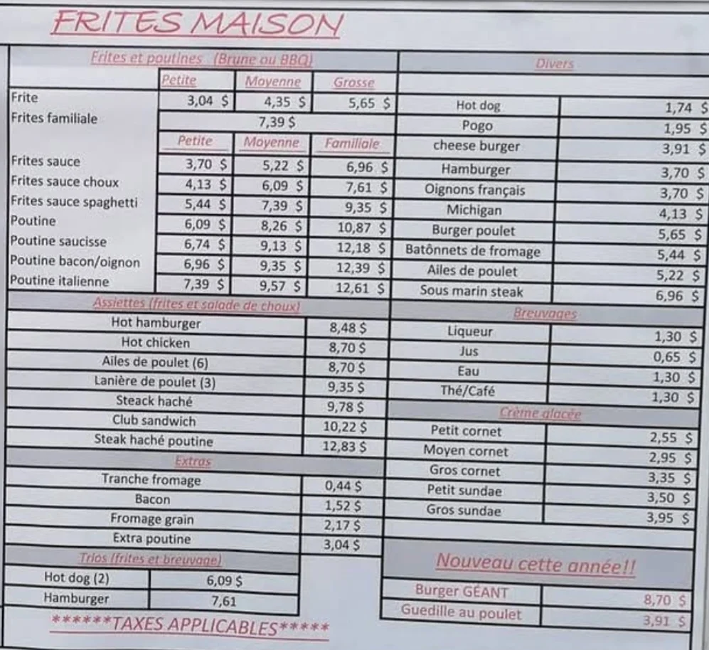 Menu, RÔTISSERIE PIZZÉRIA ROYAL