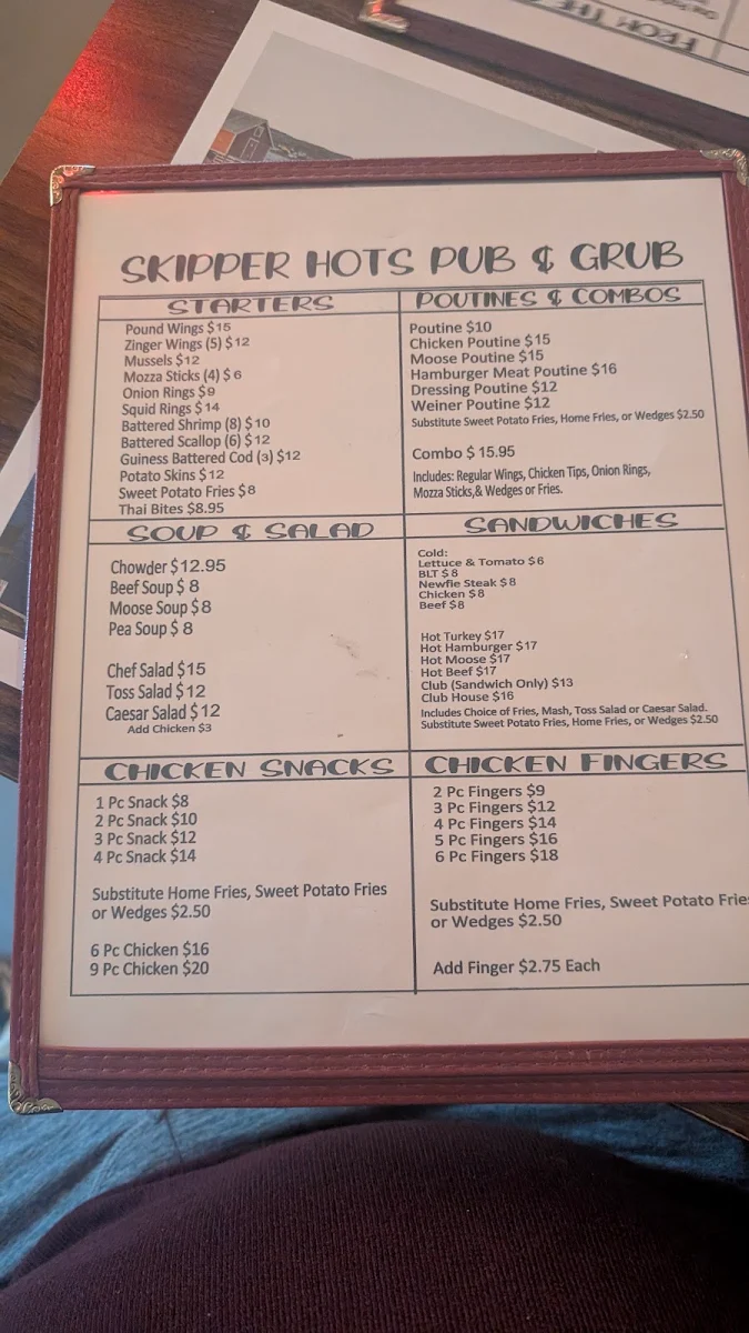 Menu, Skipper Hot's Pub