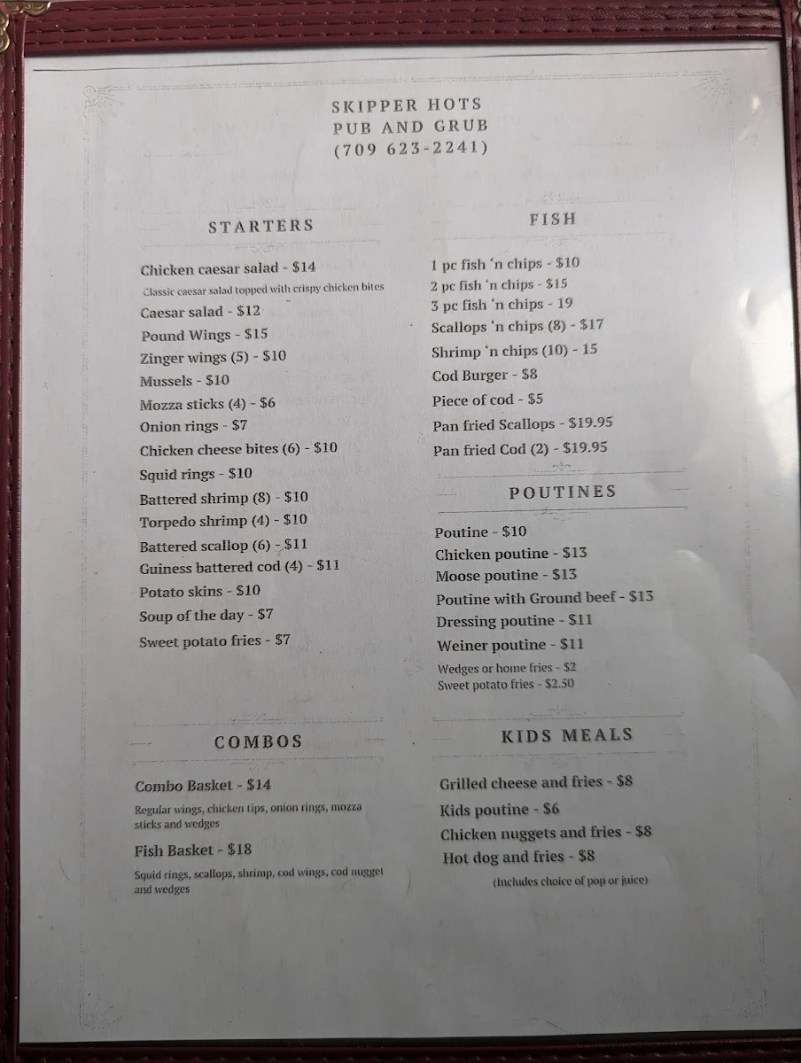 Menu, Skipper Hot's Pub