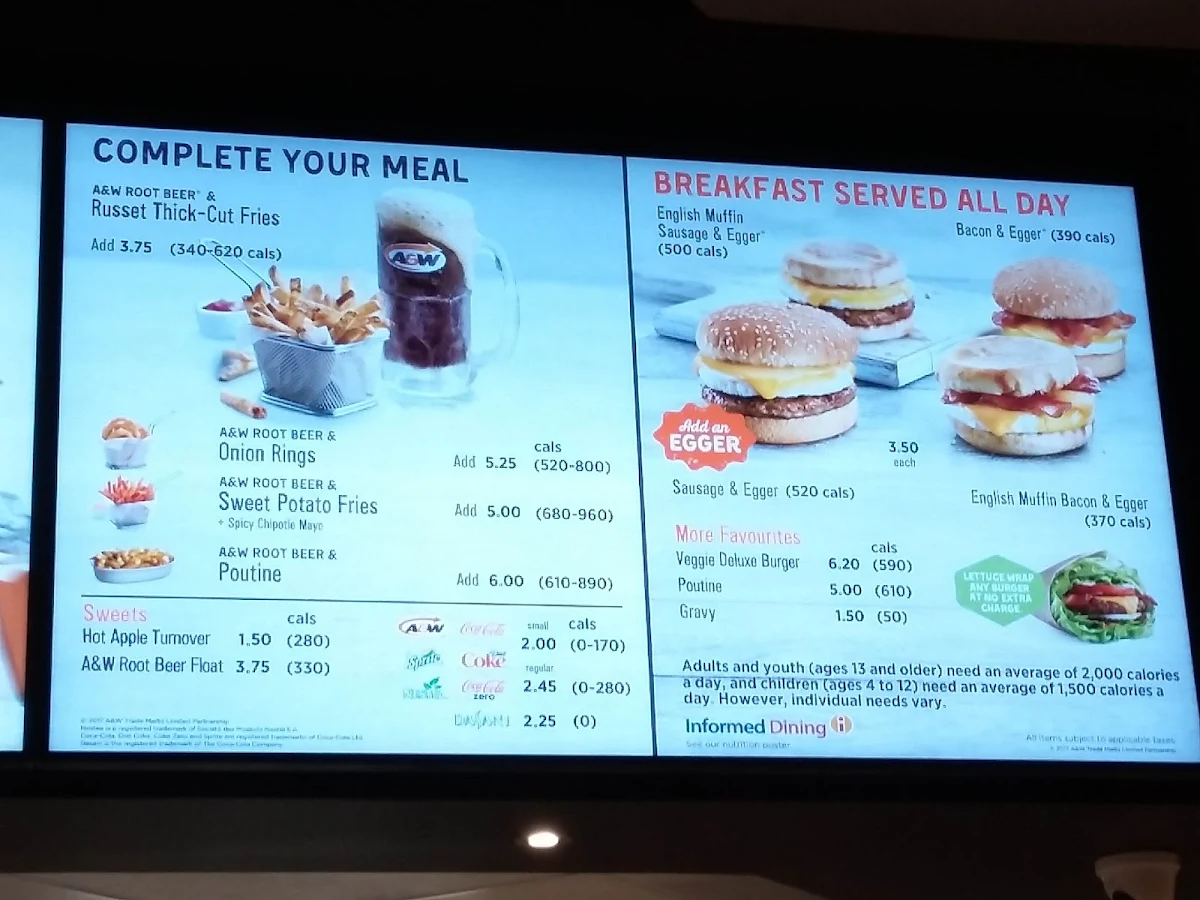 Menu, A&W Canada