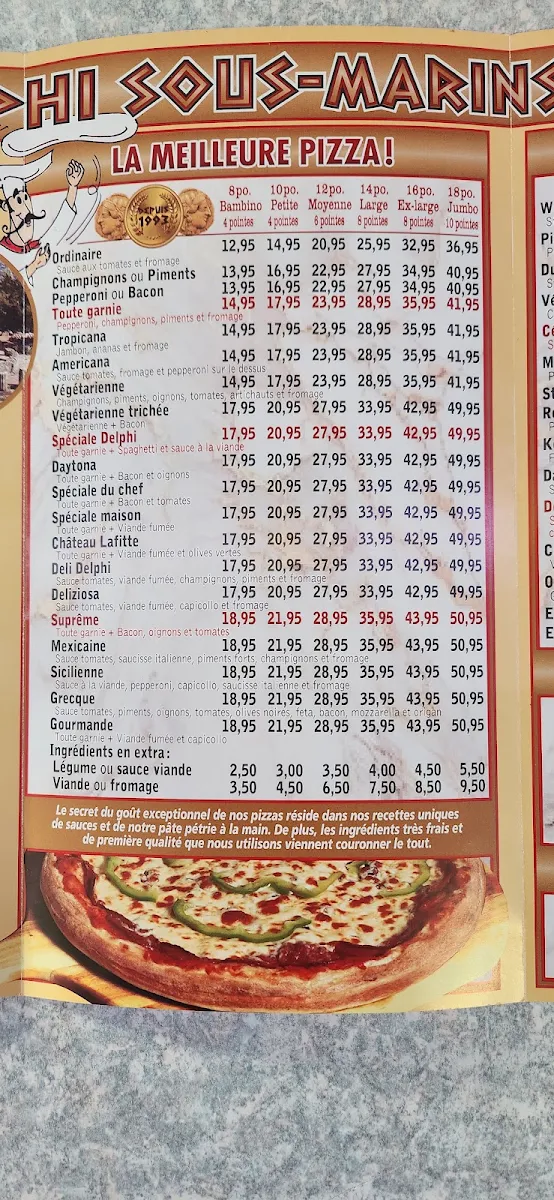 Menu, Pizza Delphi Sous-Marins