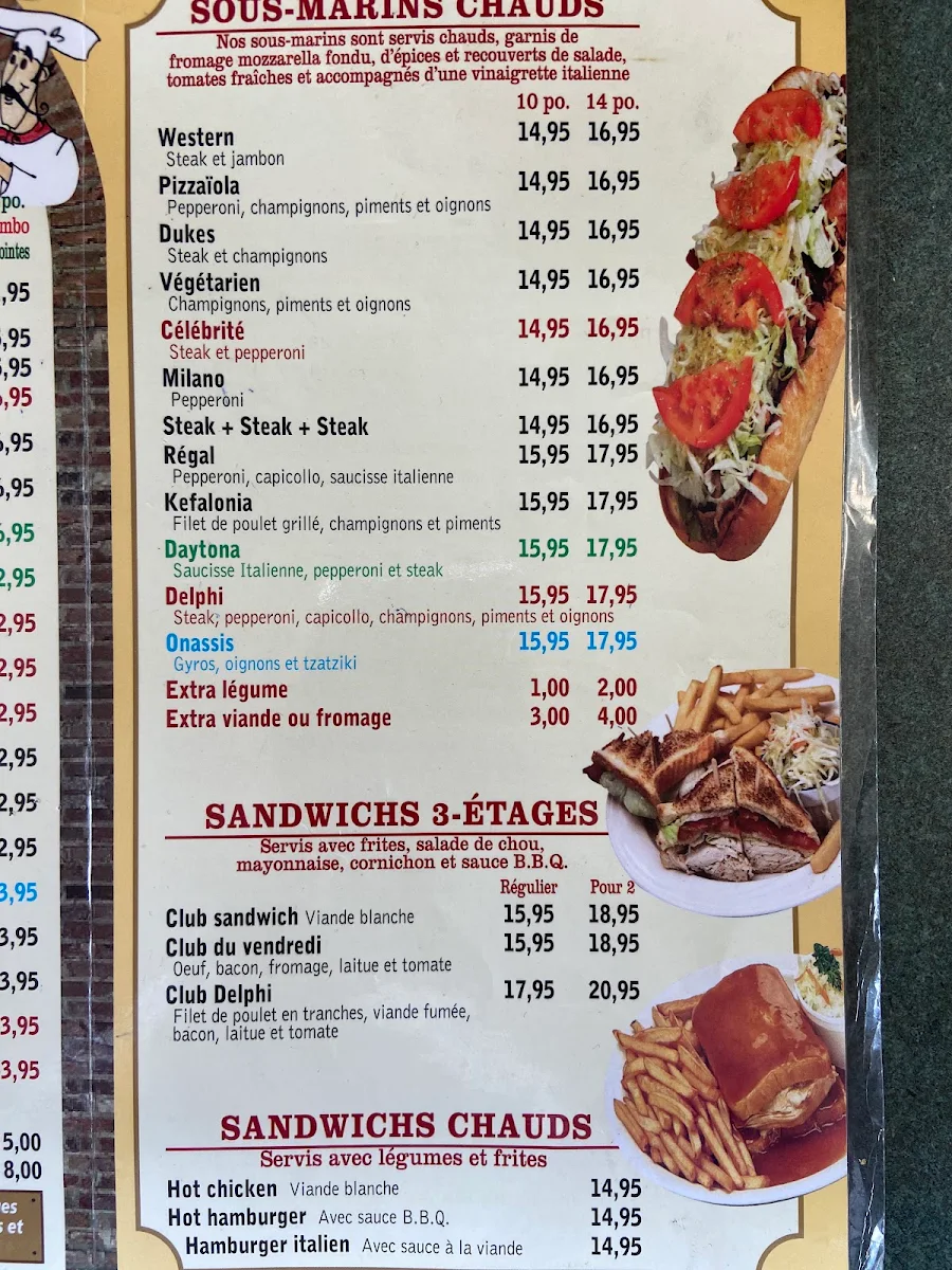 Menu, Pizza Delphi Sous-Marins