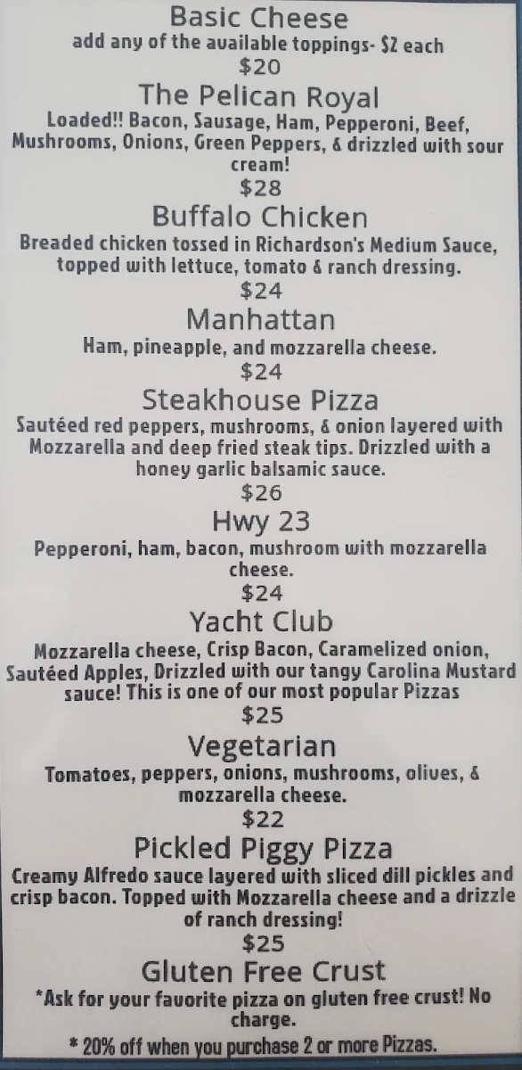 Menu, Pelican Lake Campground and Lounge
