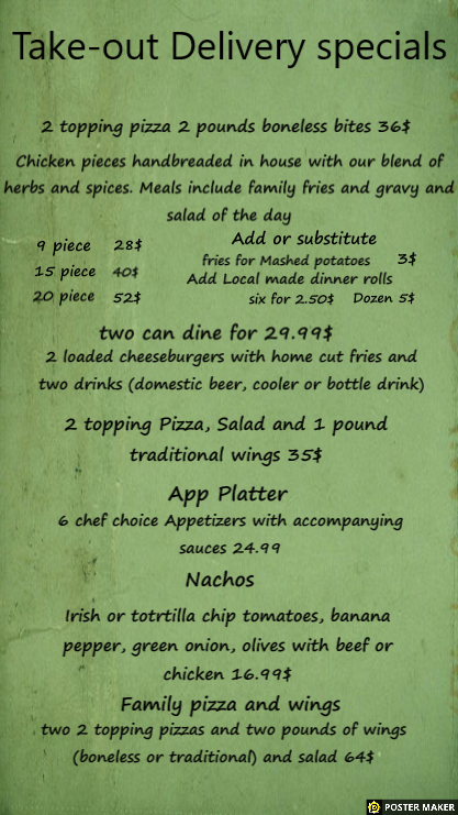 Menu, Pelican Lake Campground and Lounge