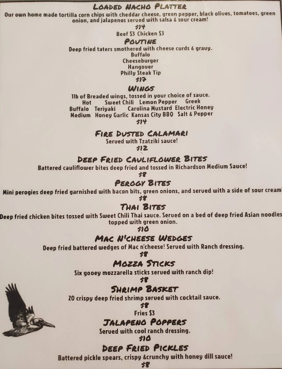 Menu, Pelican Lake Campground and Lounge