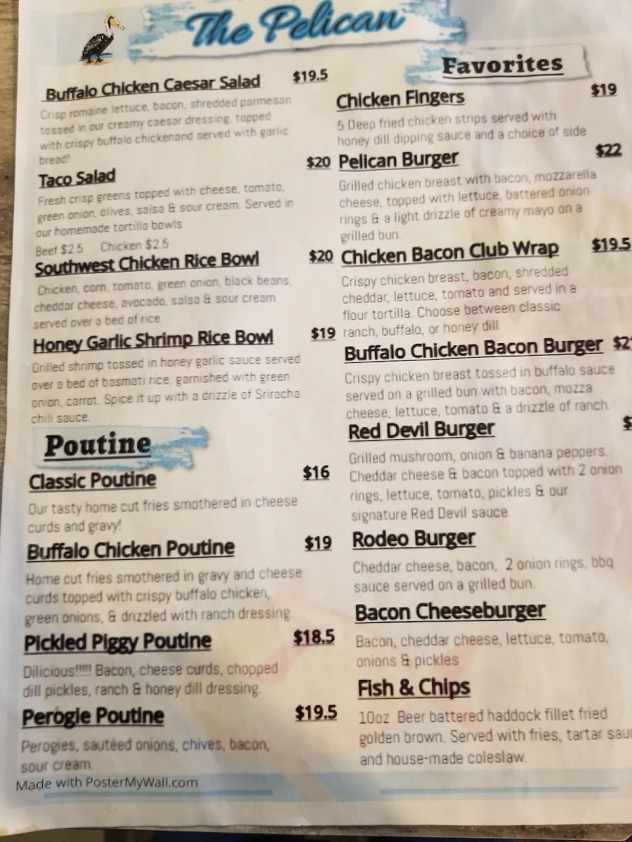 Menu, Pelican Lake Campground and Lounge