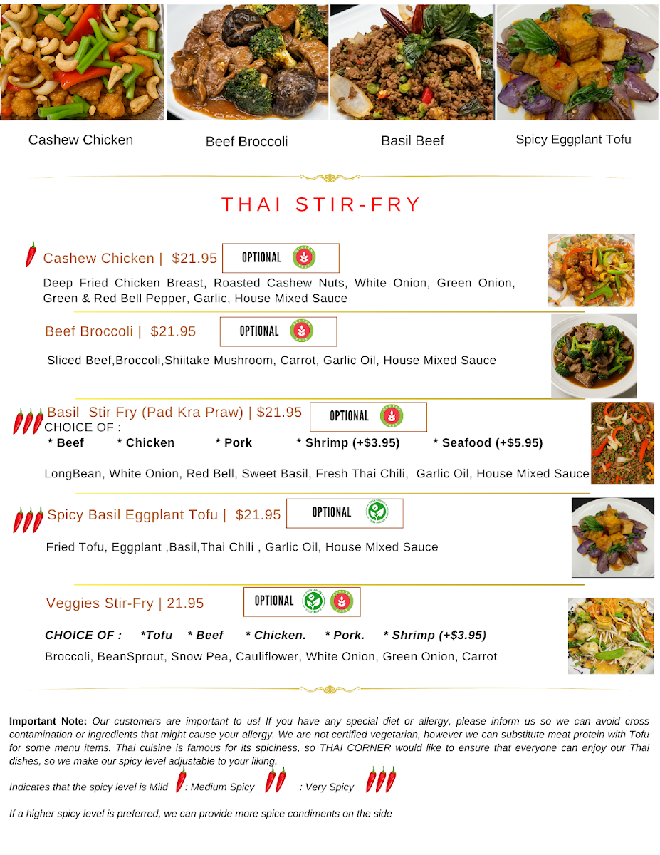 Menu, Thai Corner Restaurant & Bakery