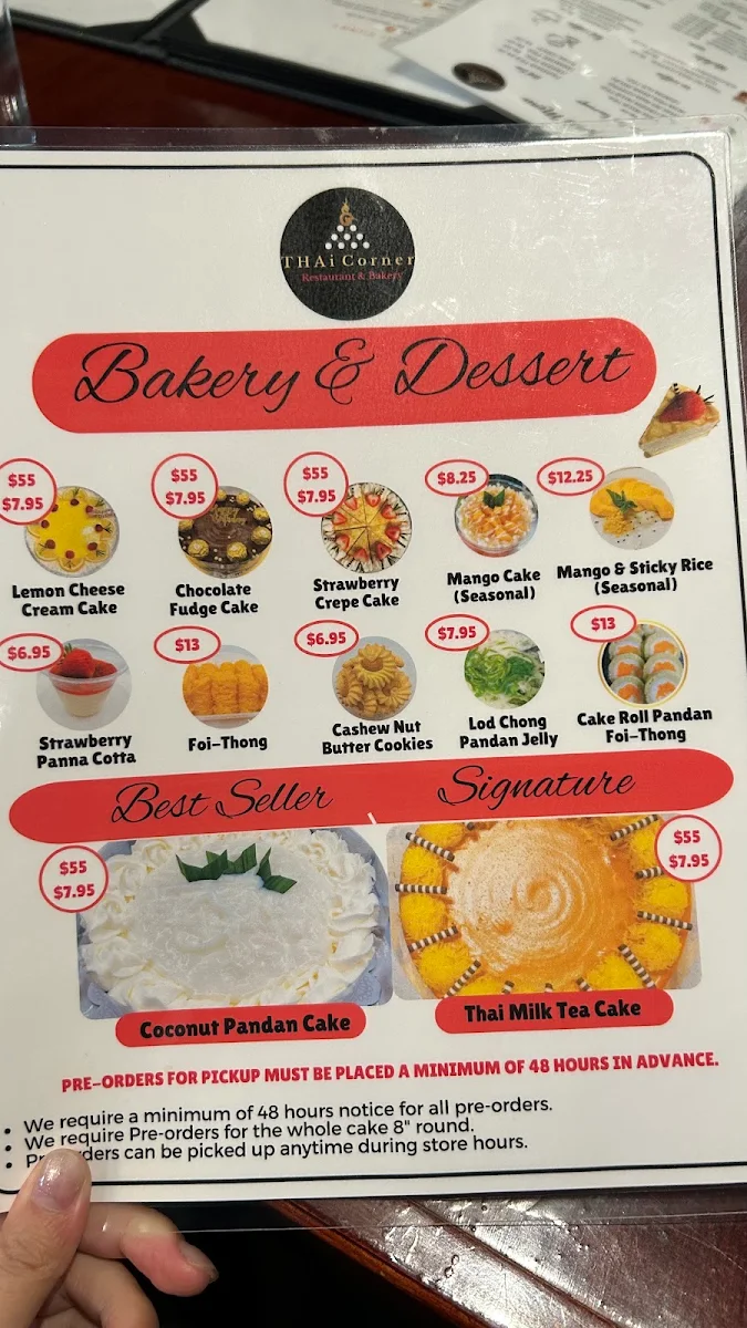 Menu, Thai Corner Restaurant & Bakery