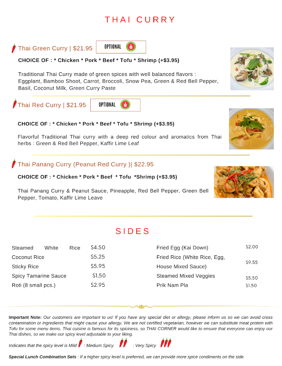 Menu, Thai Corner Restaurant & Bakery