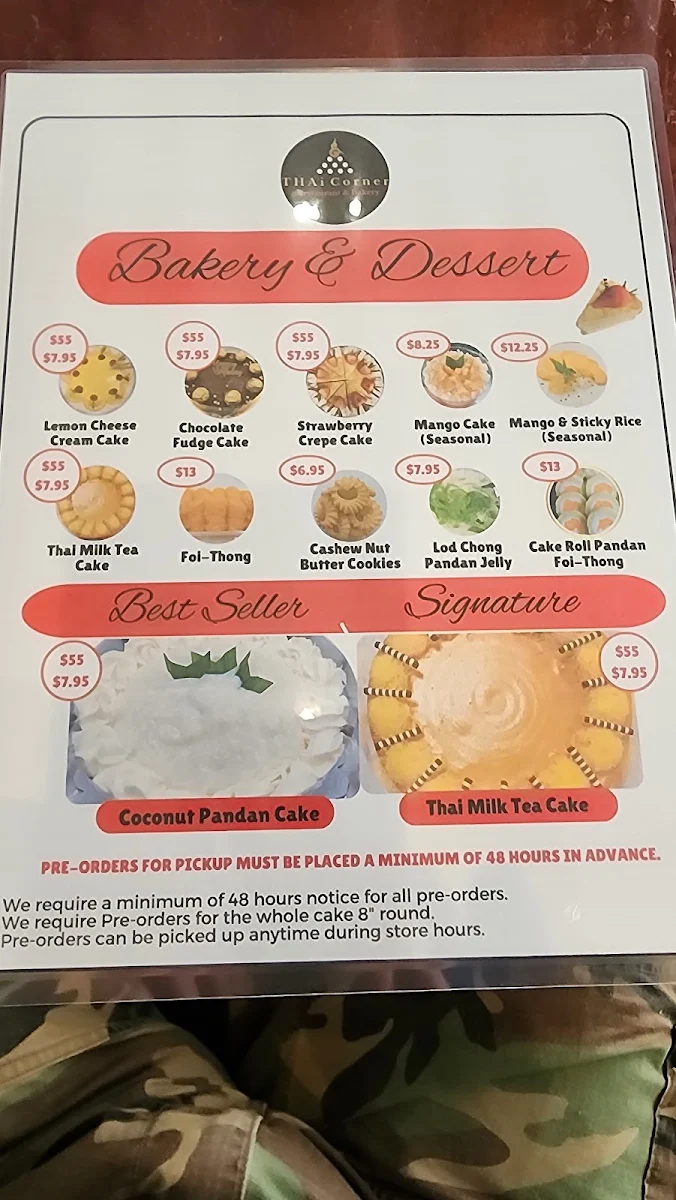Menu, Thai Corner Restaurant & Bakery