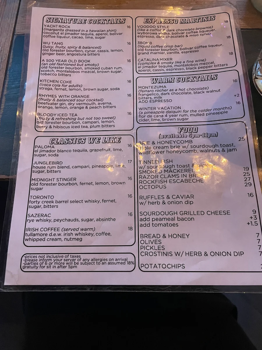 Menu, Voodoo Child Cocktail & Espresso Bar