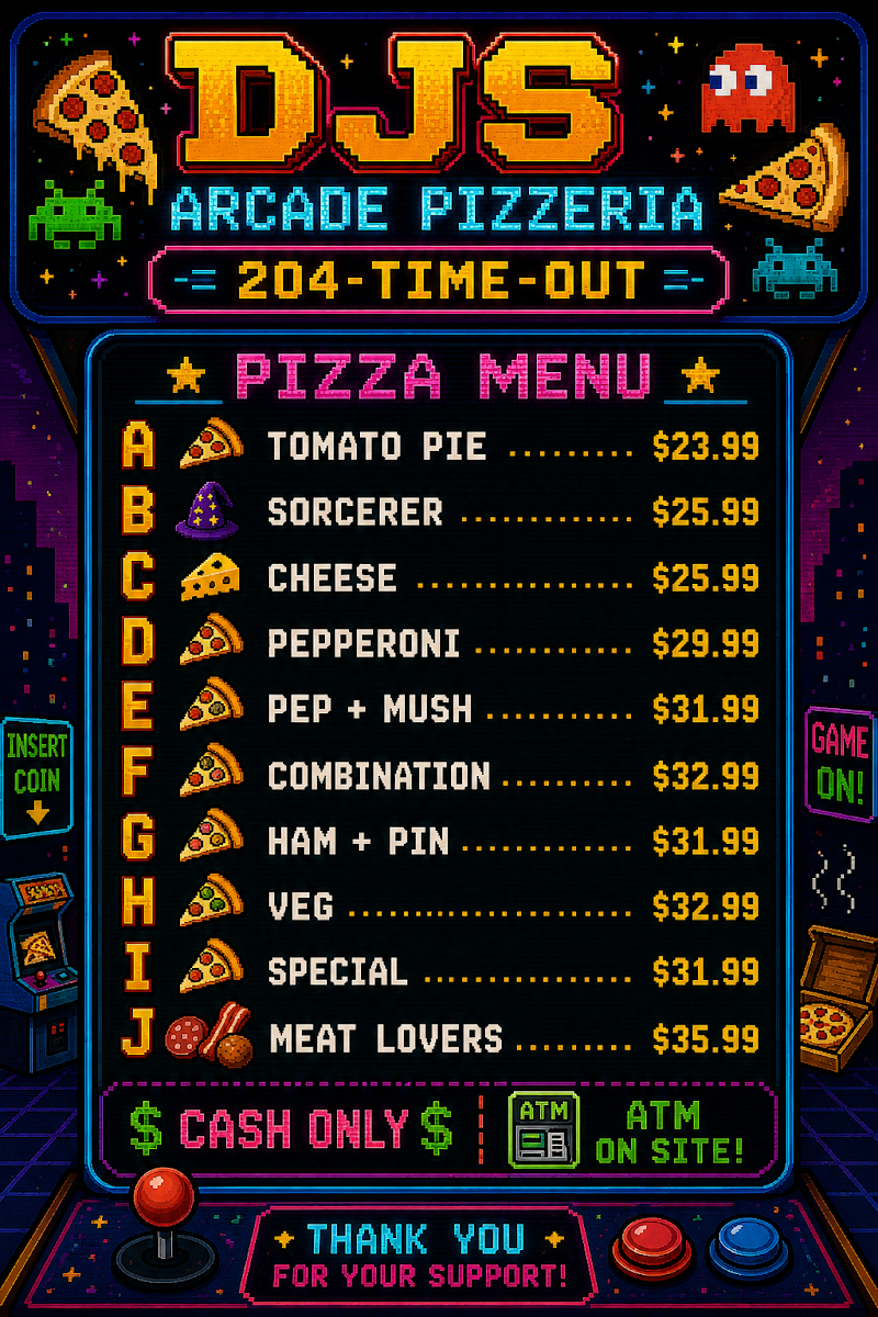 Menu, DJS Arcade Pizzeria