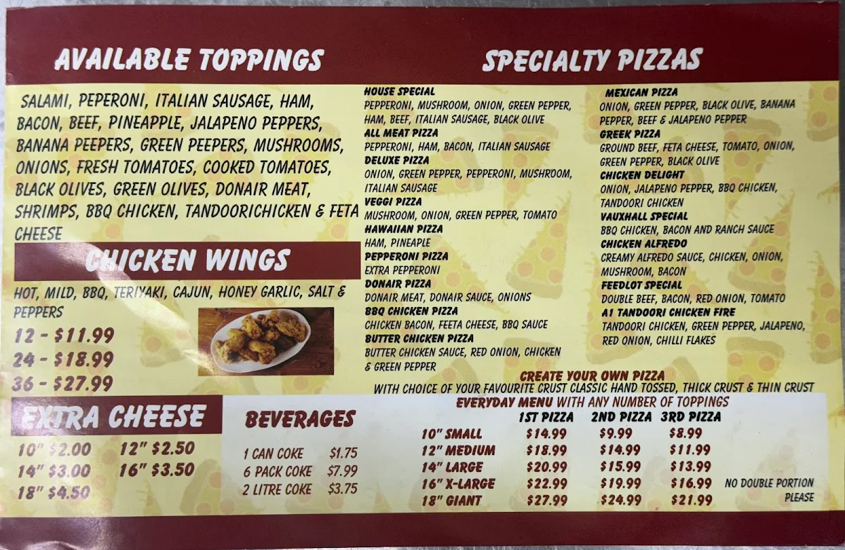 Menu, A1 Pizza Vauxhall