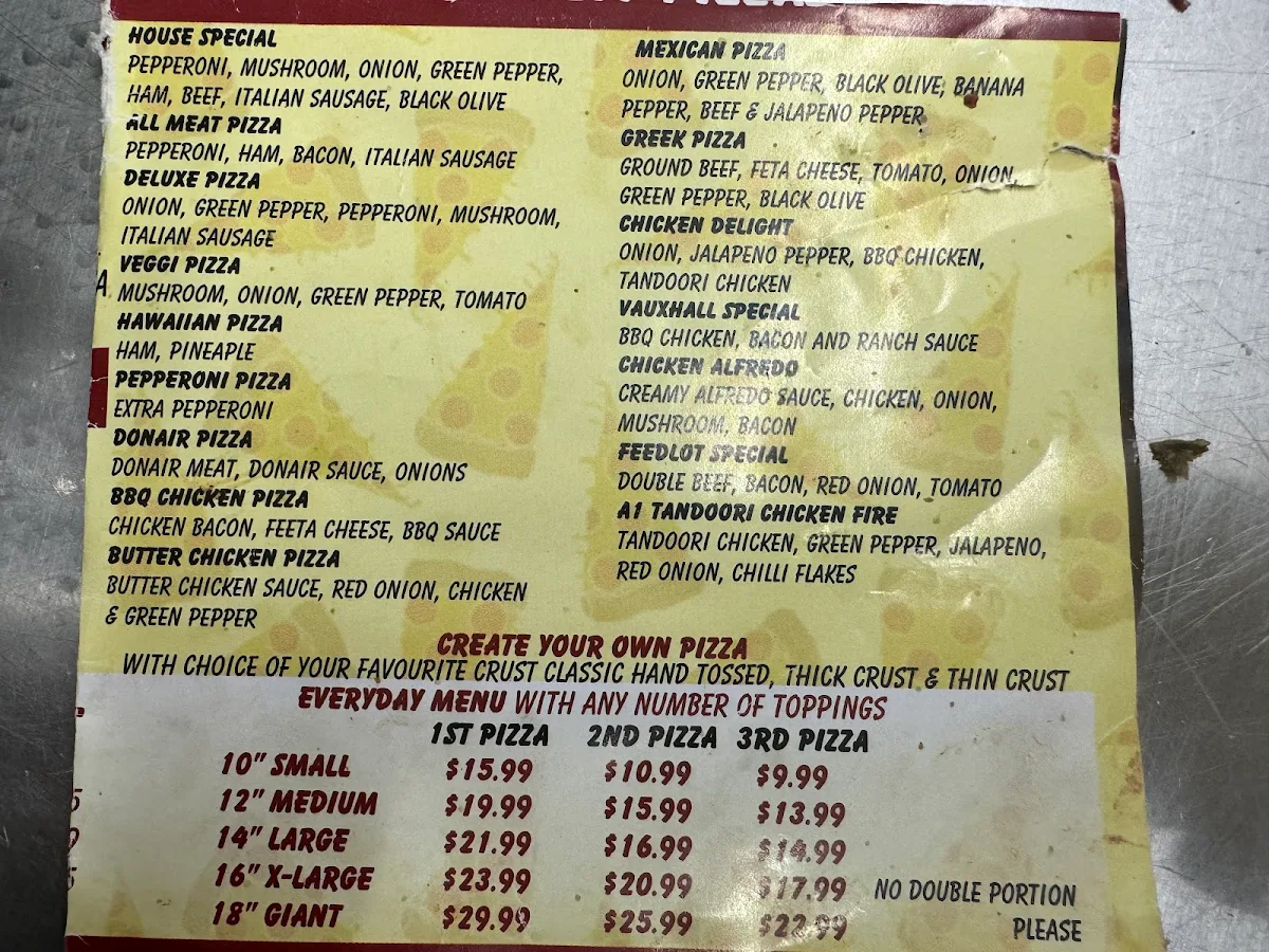 Menu, A1 Pizza Vauxhall