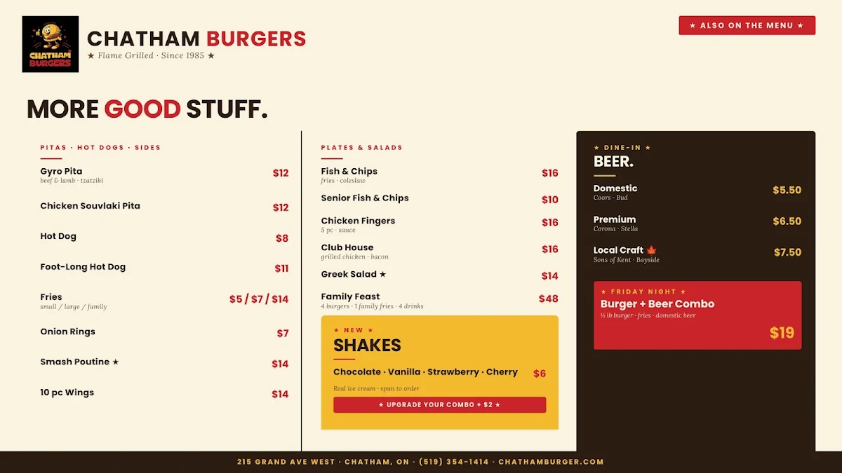 Menu, Chatham Burger