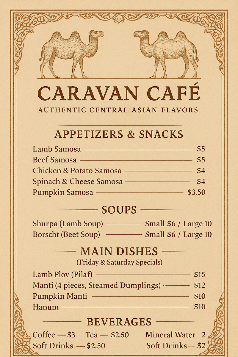 Menu, Caravan Cafe