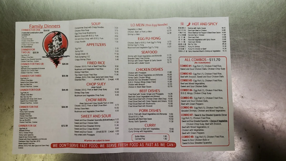 Menu, Orient Restaurant