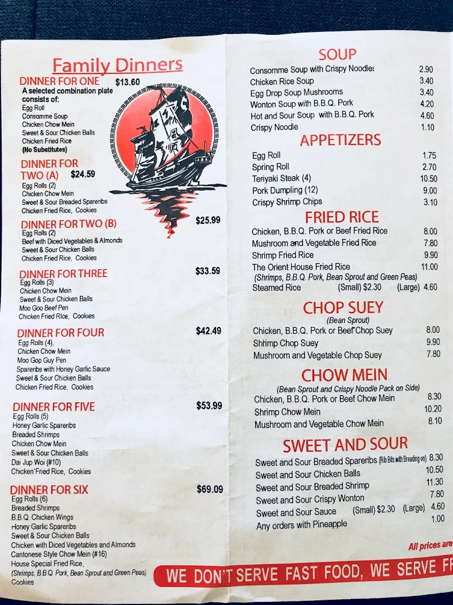 Menu, Orient Restaurant