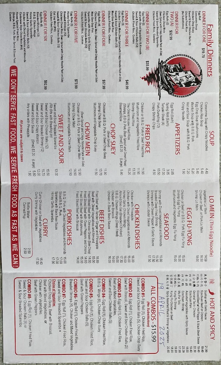 Menu, Orient Restaurant