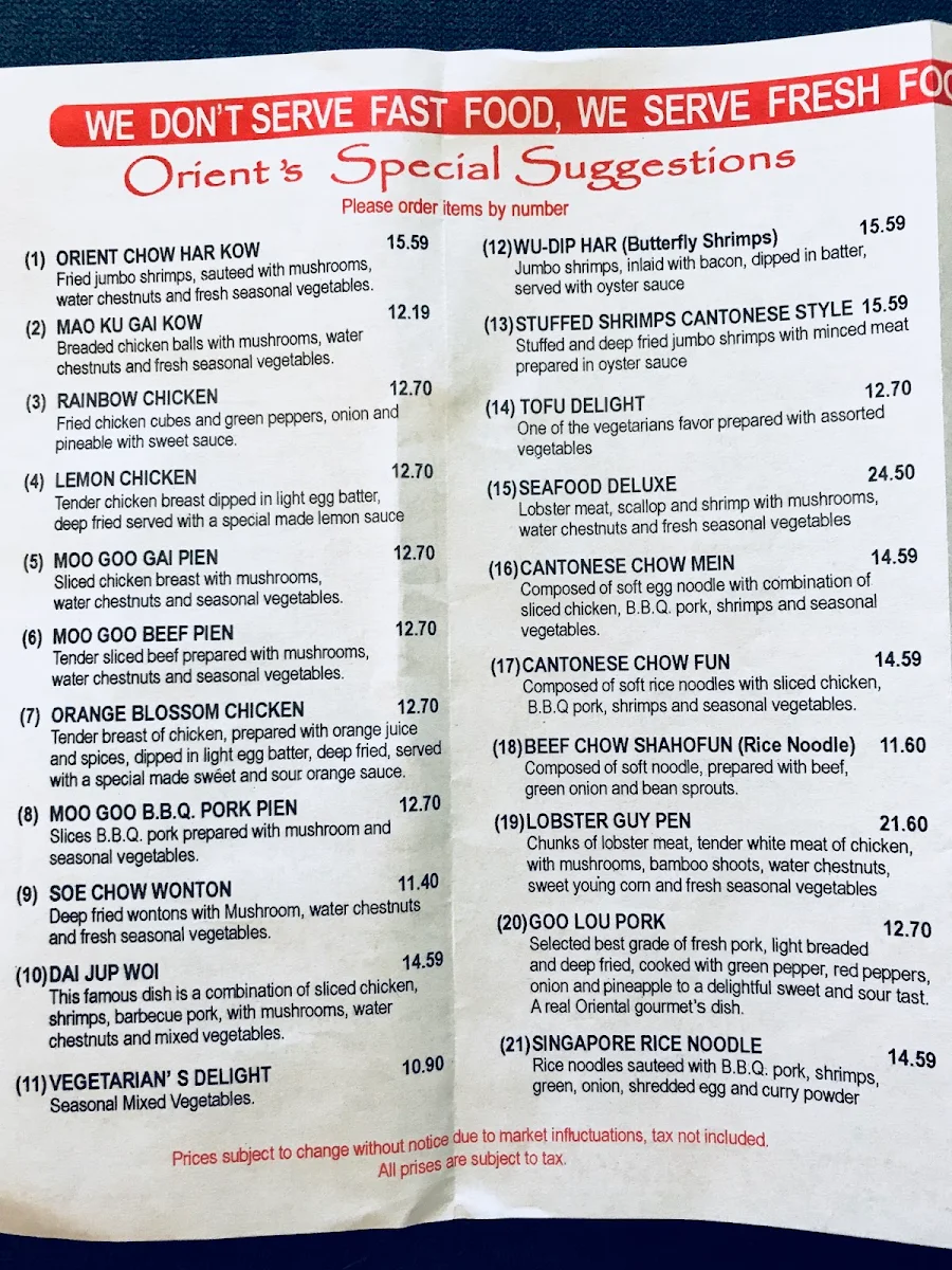 Menu, Orient Restaurant