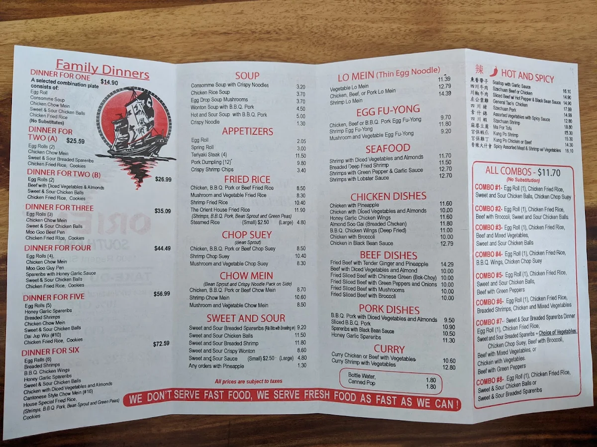 Menu, Orient Restaurant