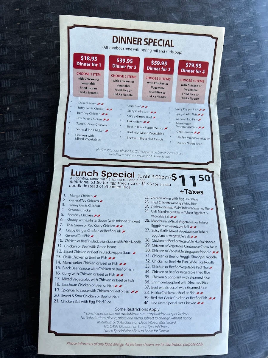 Menu, Fine Taste Hakka Chinese Restaurant