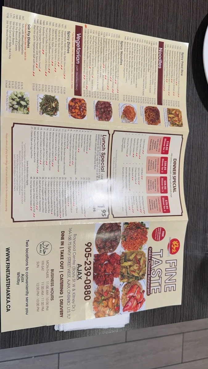 Menu, Fine Taste Hakka Chinese Restaurant