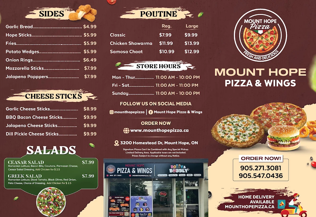 Menu, Mount Hope Pizza & Wings