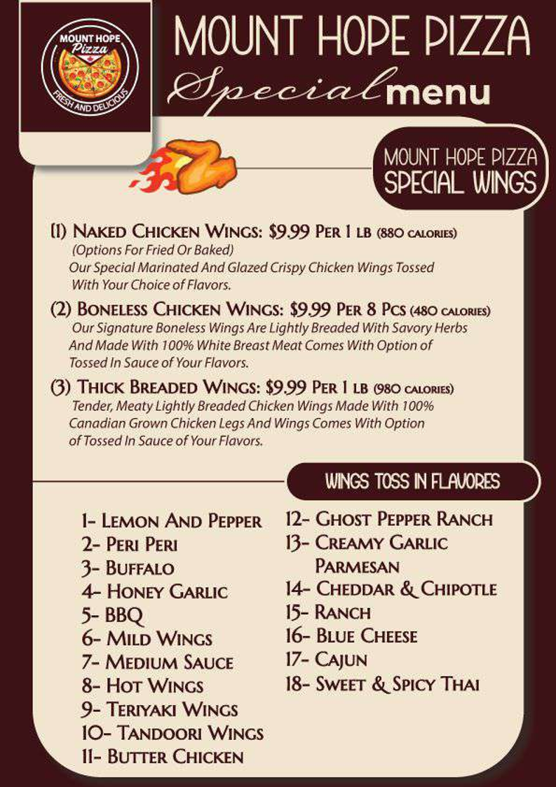 Menu, Mount Hope Pizza & Wings