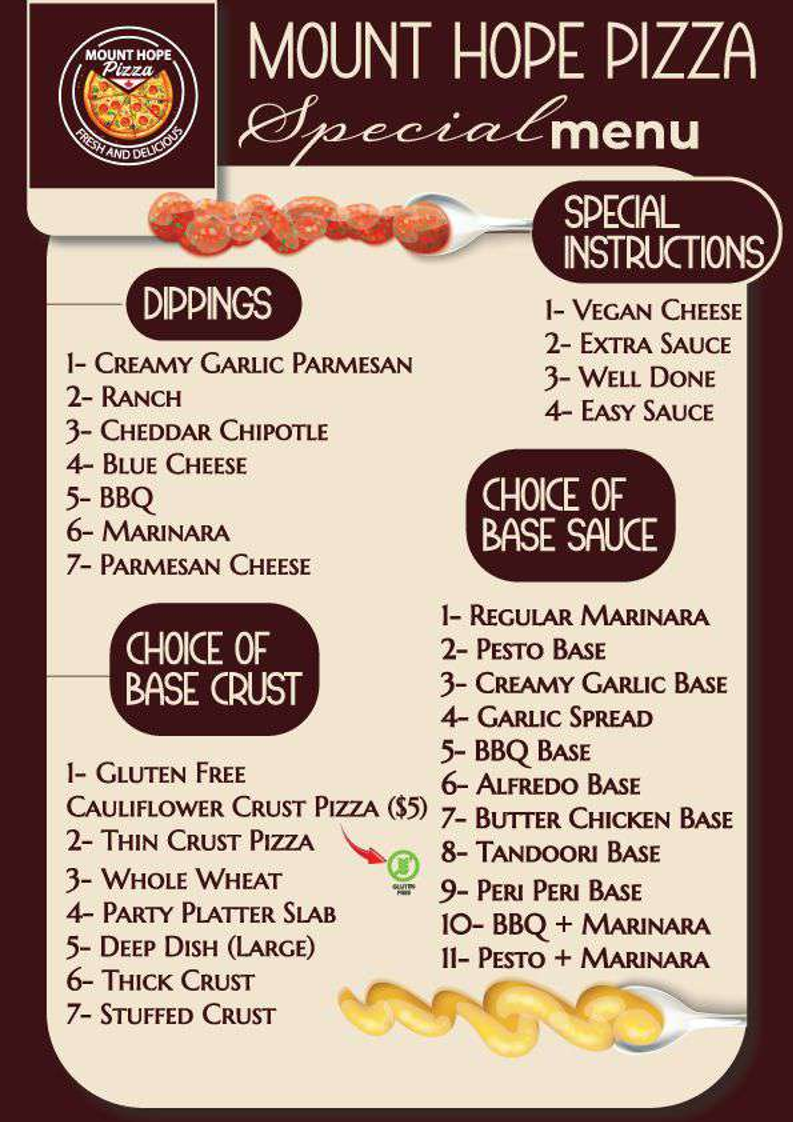Menu, Mount Hope Pizza & Wings