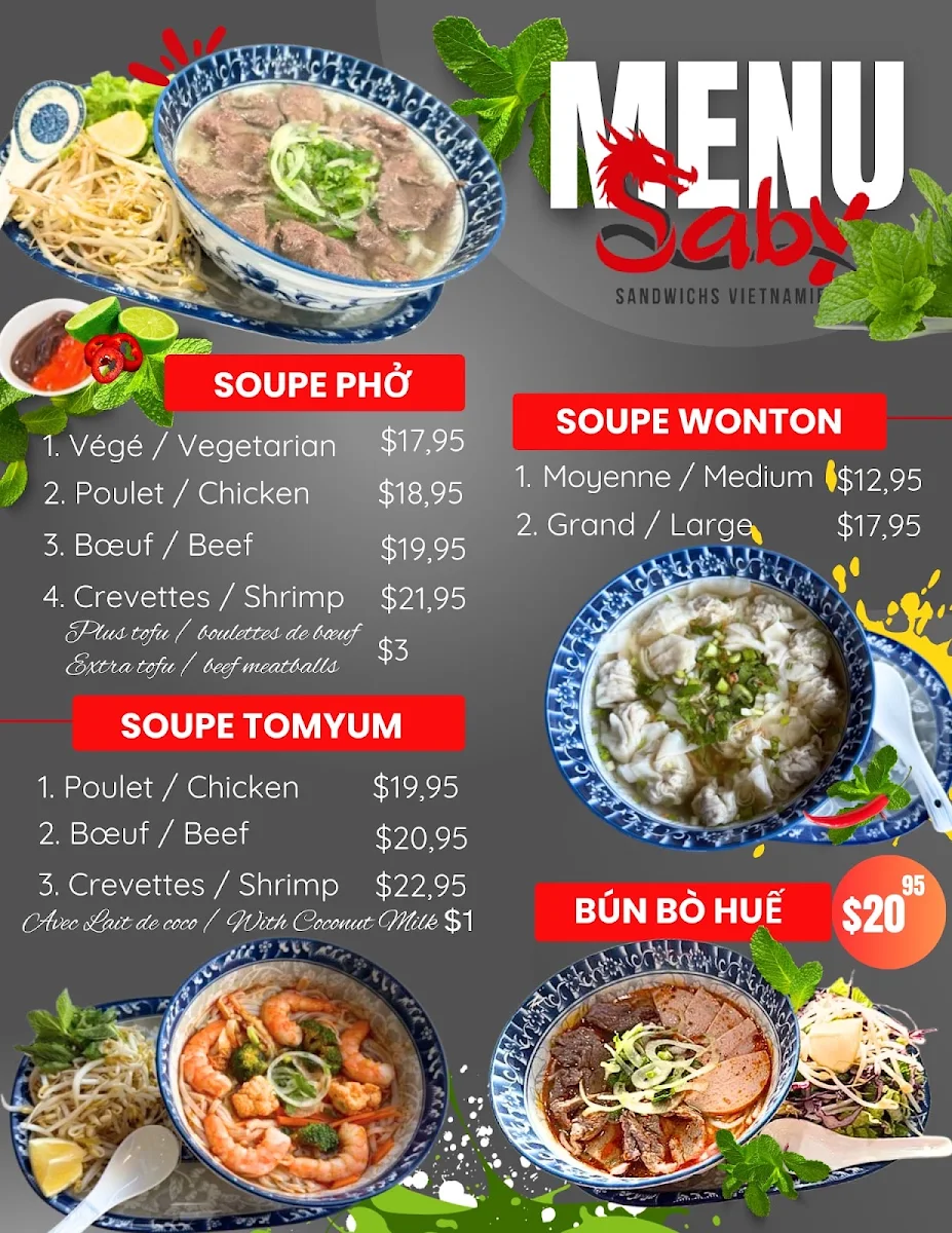 Menu, Sandwichs Vietnamiens Saby
