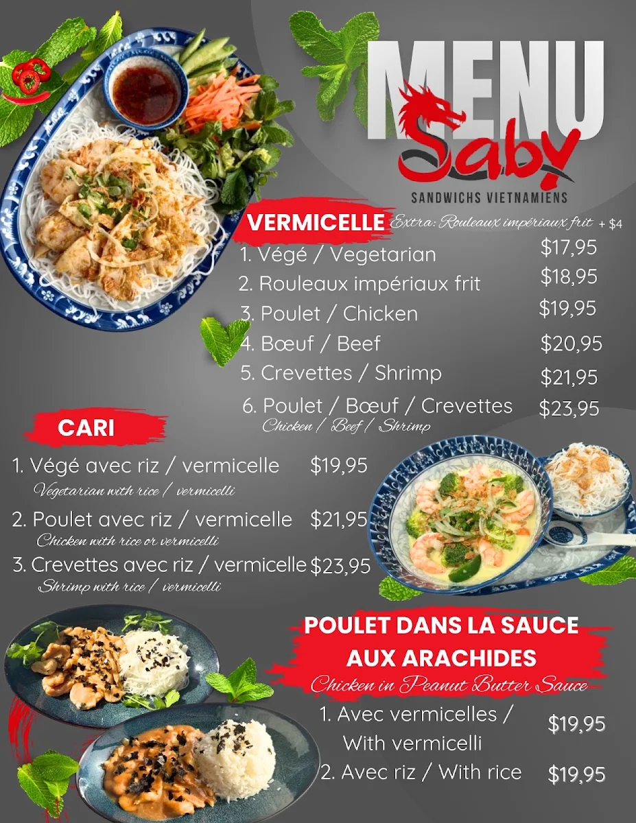 Menu, Sandwichs Vietnamiens Saby