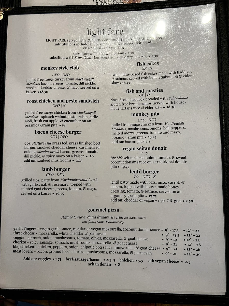 Menu, The Wooden Monkey
