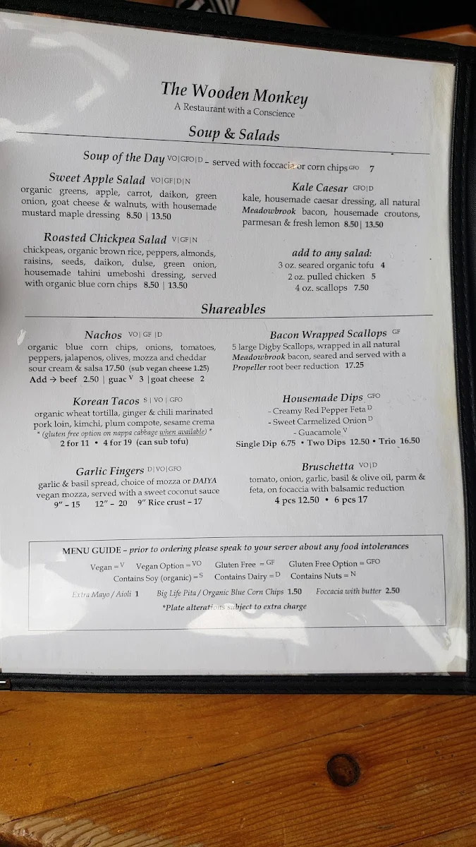 Menu, The Wooden Monkey