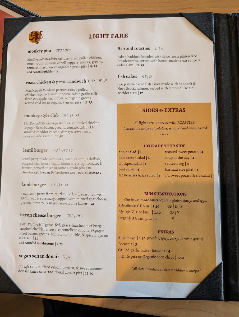 Menu, The Wooden Monkey