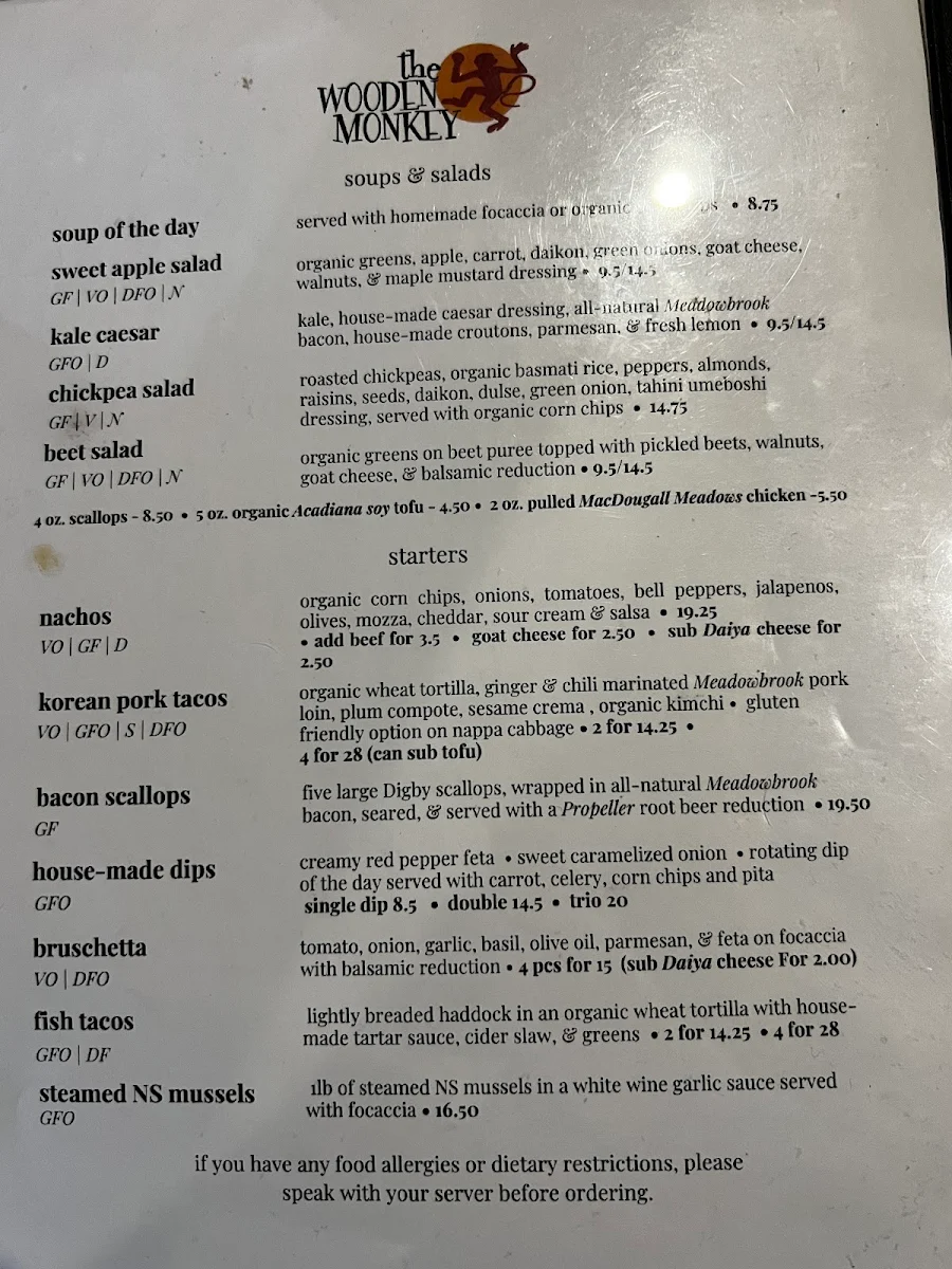 Menu, The Wooden Monkey