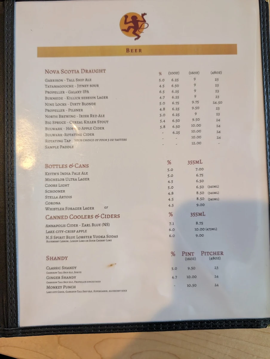 Menu, The Wooden Monkey