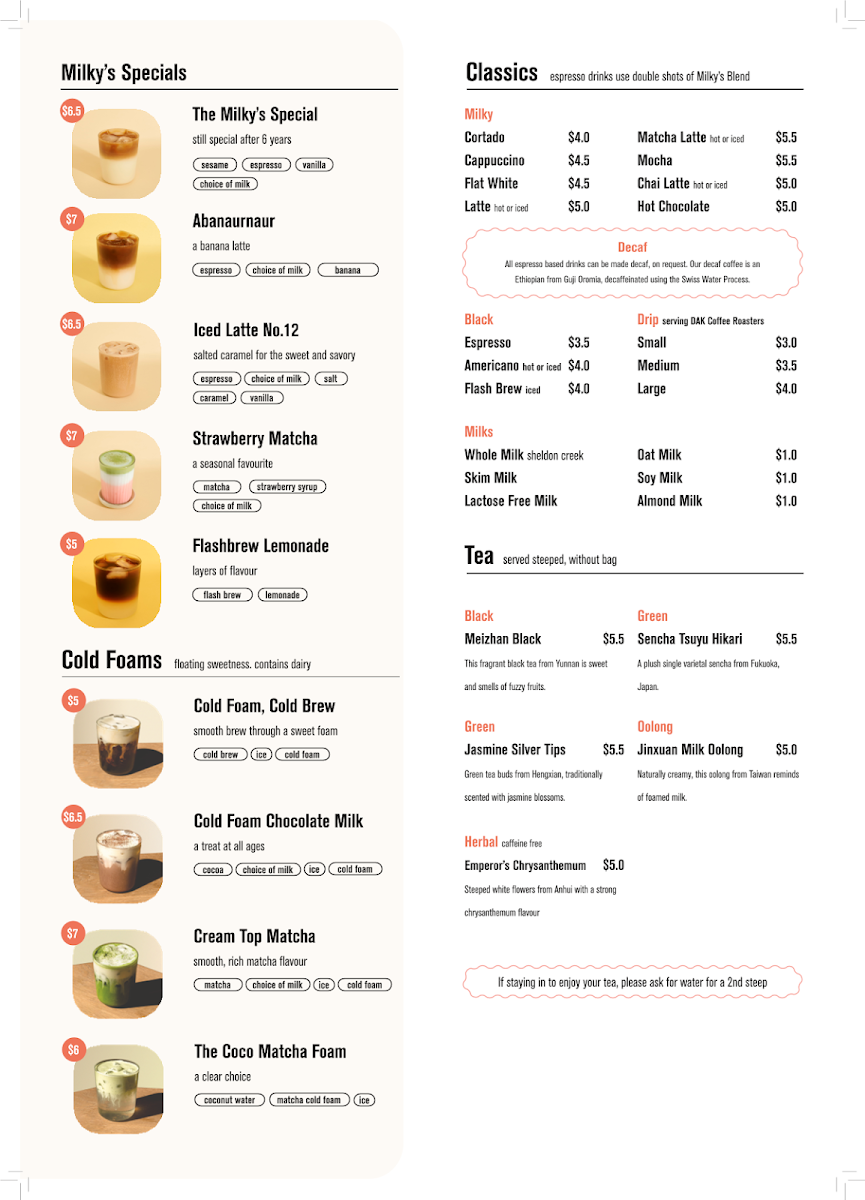 Menu, Milky's Coffee