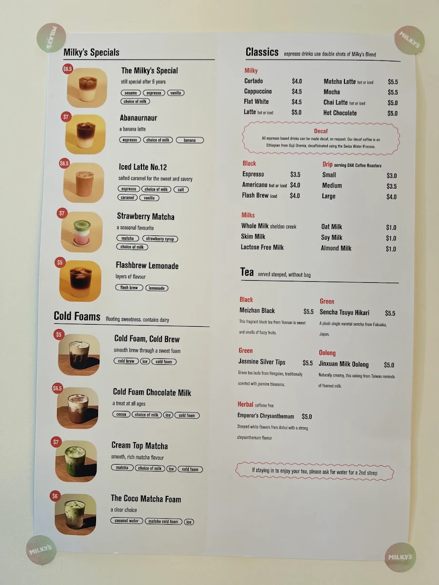 Menu, Milky's Coffee
