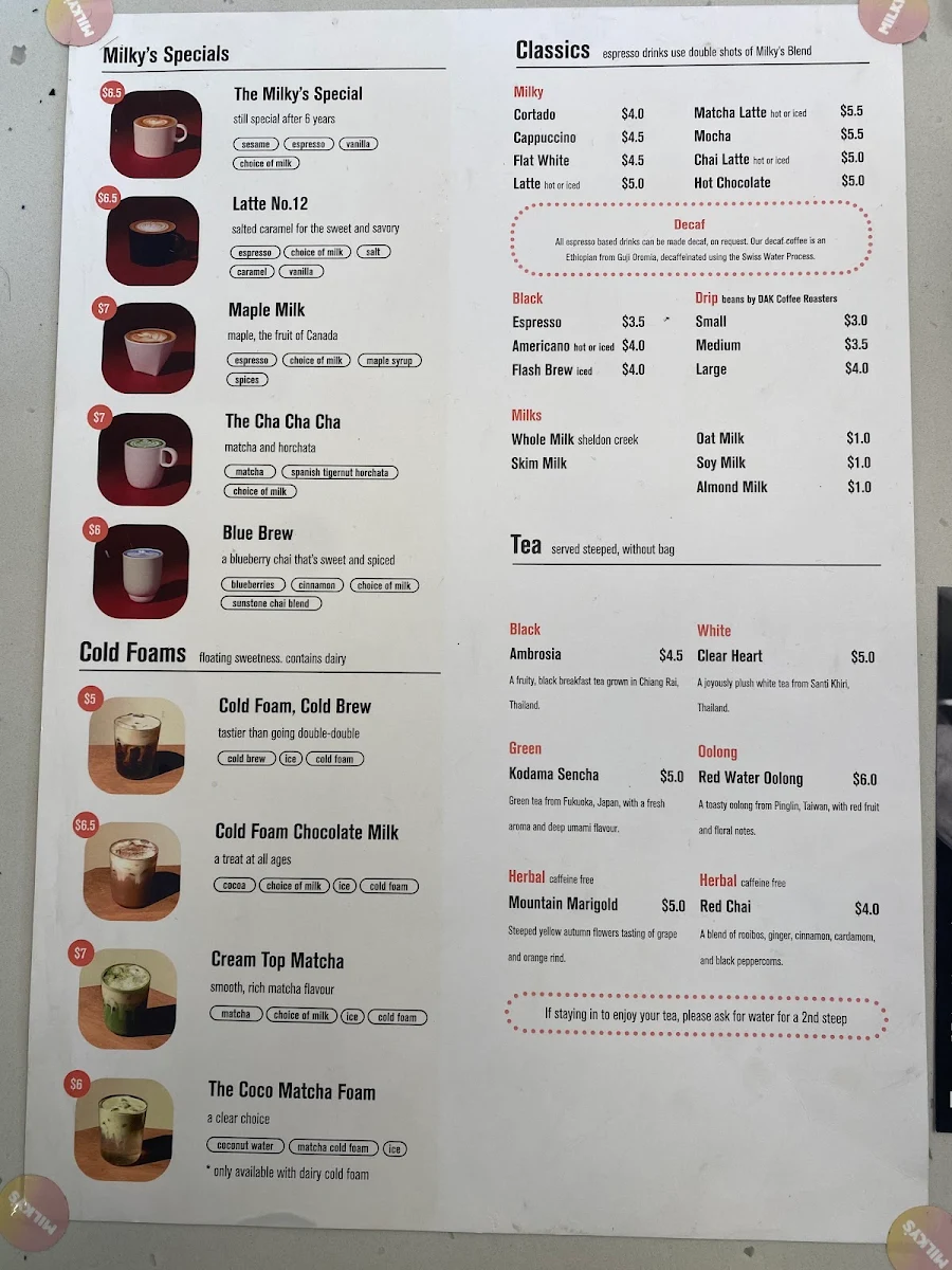 Menu, Milky's Coffee