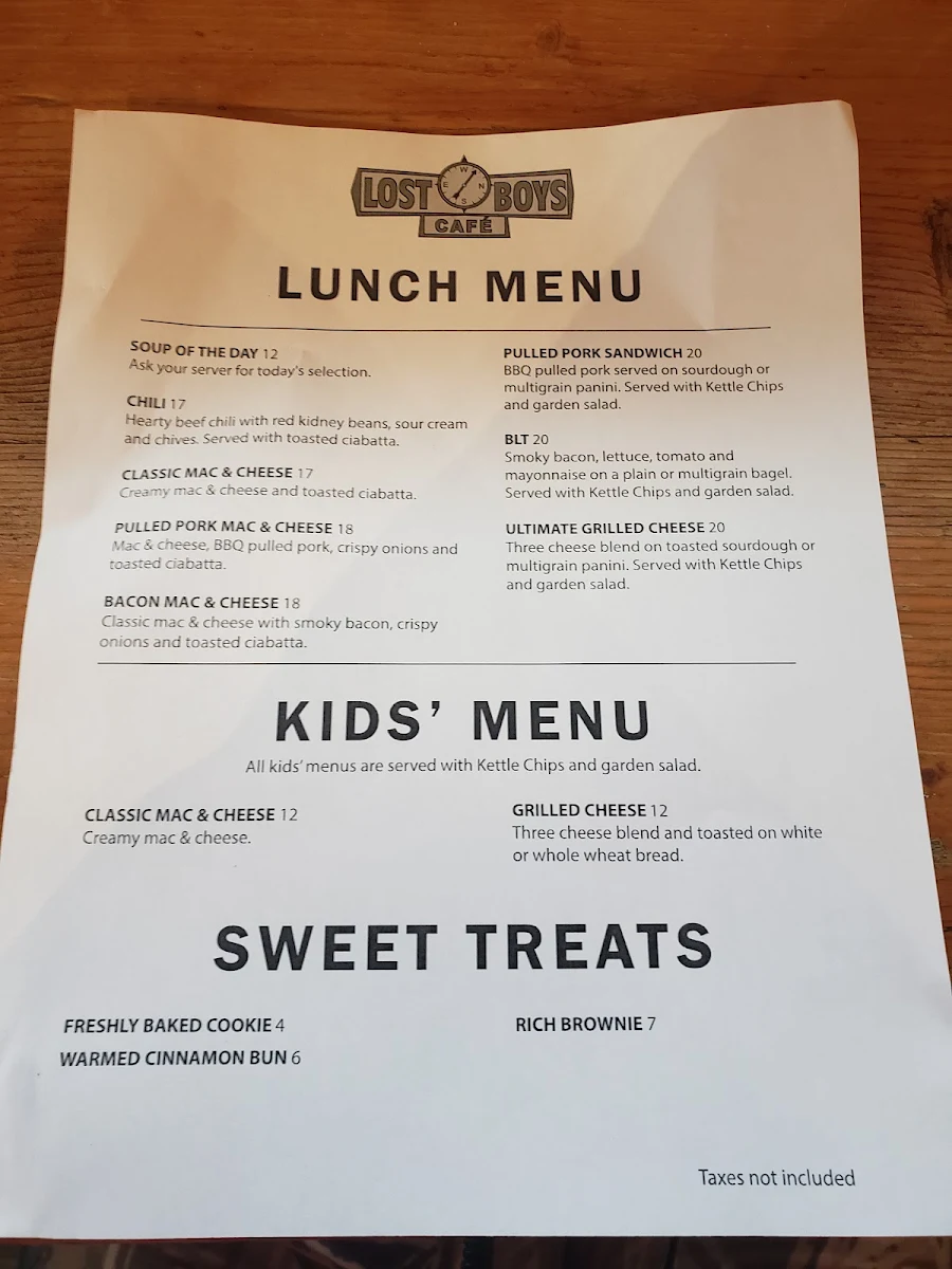 Menu, Lost Boys Cafe