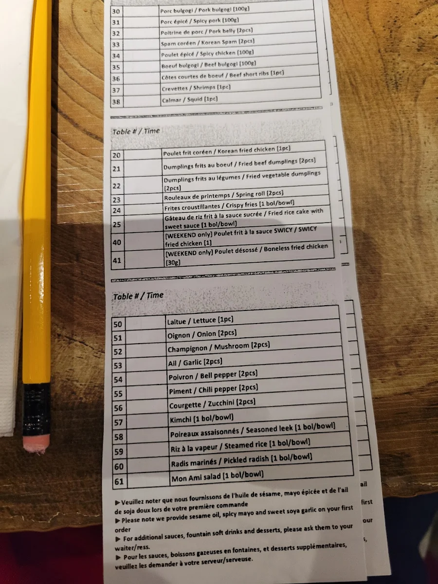 Menu, Mon Ami St-Laurent