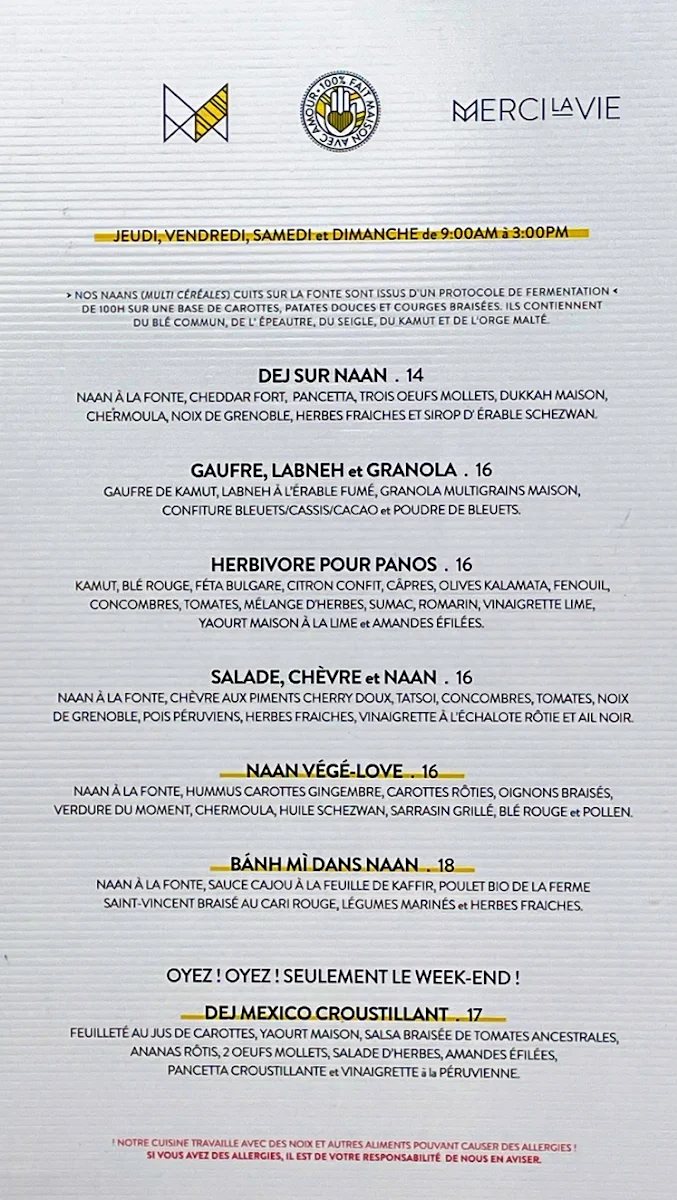 Menu, Merci la Vie