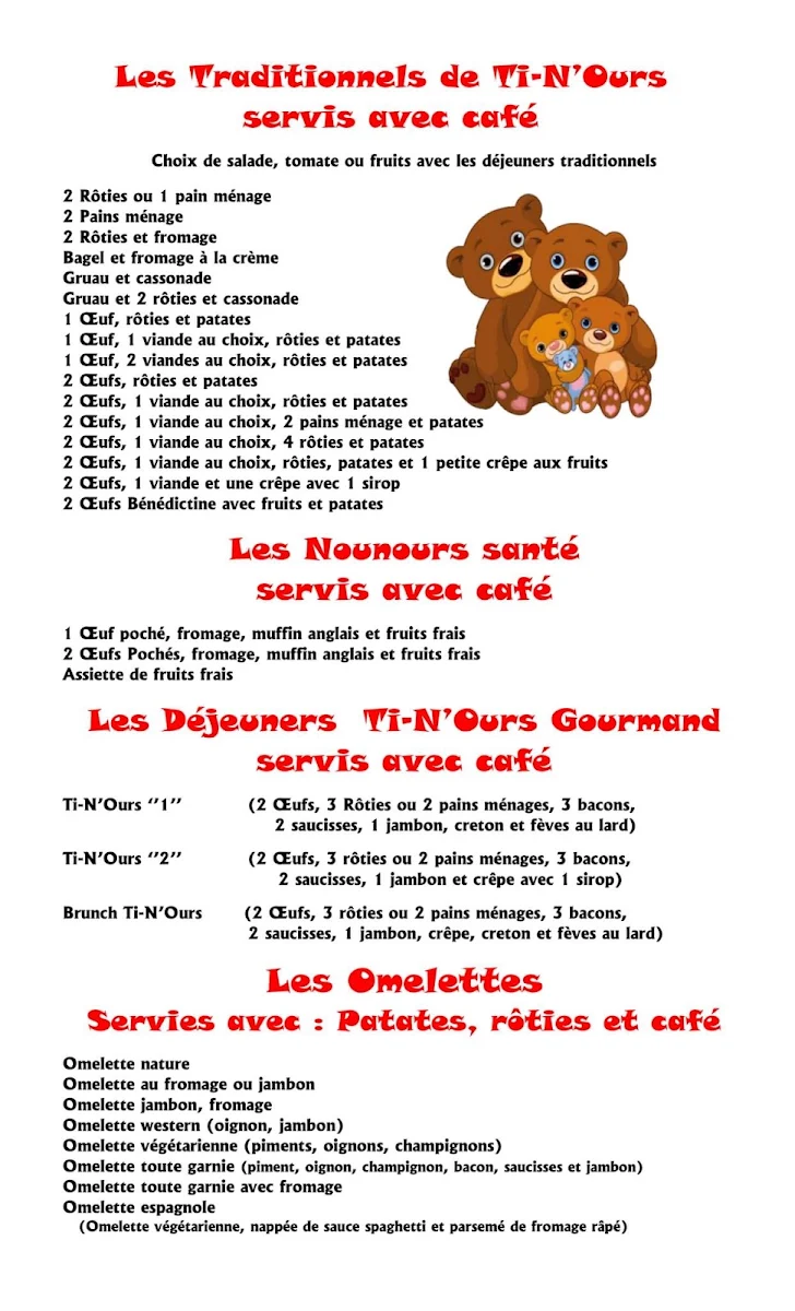 Menu, Restaurant Chez Ti-N'Ours