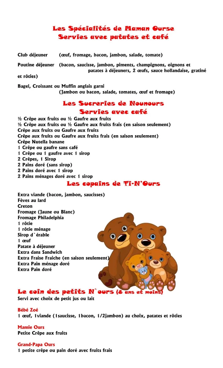 Menu, Restaurant Chez Ti-N'Ours