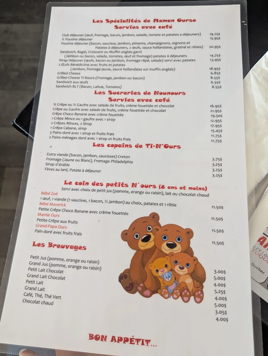 Menu, Restaurant Chez Ti-N'Ours