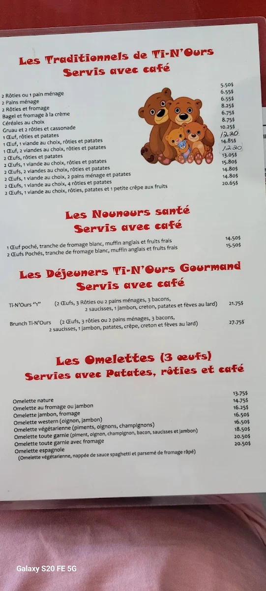 Menu, Restaurant Chez Ti-N'Ours