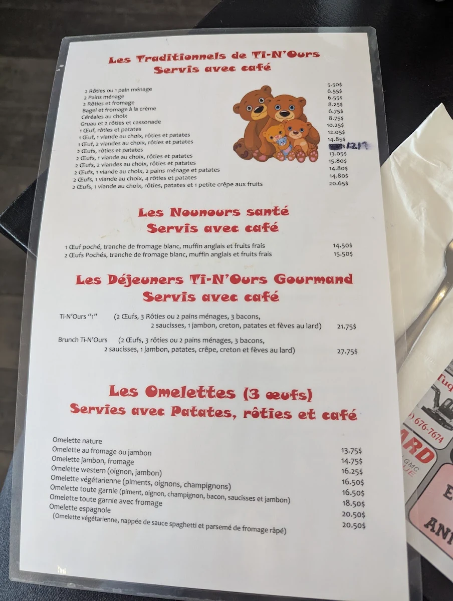 Menu, Restaurant Chez Ti-N'Ours